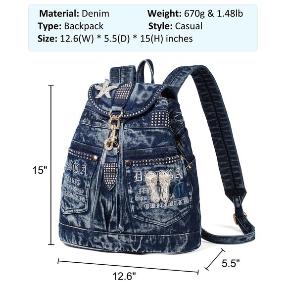 8097 Fashion Denim Backpack Purse Jean Bags With Rhinestones Decorations